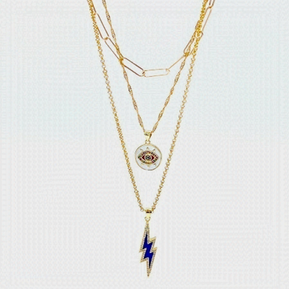 THREE Layers Of Gold Necklace With Evil Eye And Lightening Charm.